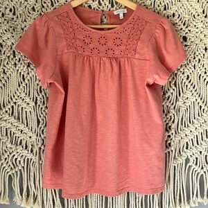 Ella Moss Embroidered Eyelet Short Sleeve Slub Knit Cotton Blend Top